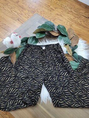 Vintage Intriguing Threads Rayon Wide Leg Pants Gold Black Whimsigoth Sz 10 tie